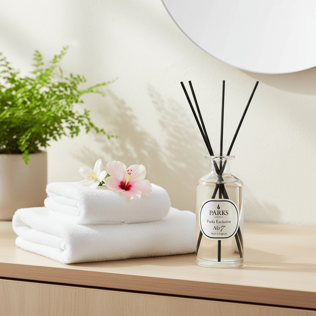 Parks Candles NO7 Cotton Fresh reed diffuser with 220ml glass bottle and natural reed sticks for fresh home fragrance.