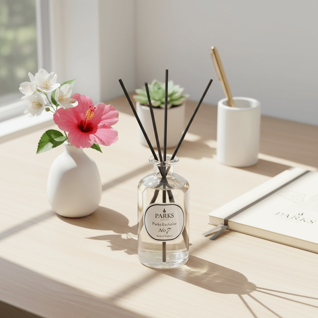 Parks Candles NO7 Cotton Fresh Reed Diffuser 220ml with white ceramic container and reed sticks for home fragrance
