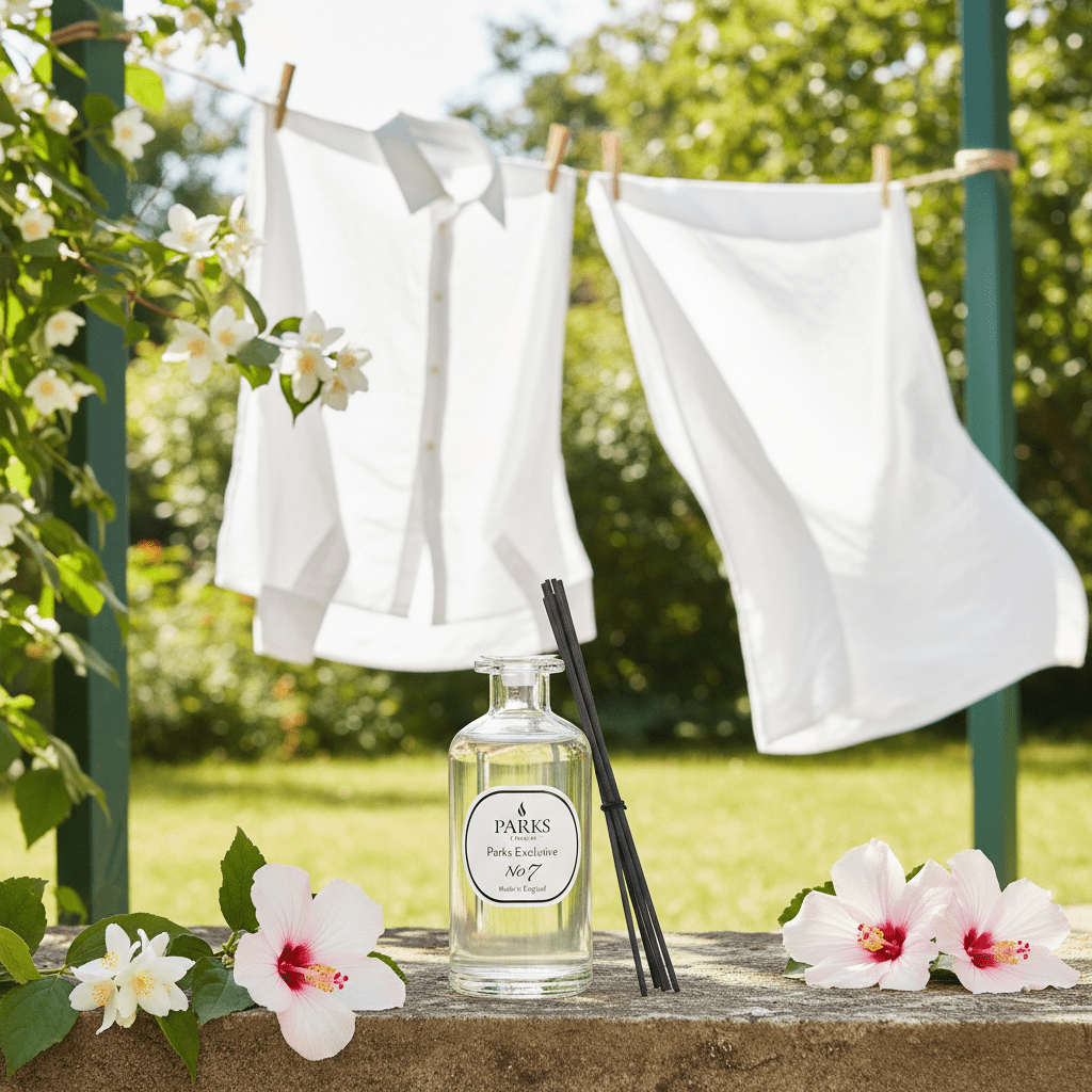 Parks Candles NO7 Cotton Fresh reed diffuser with 220ml glass bottle and natural reed sticks for a fresh home fragrance.