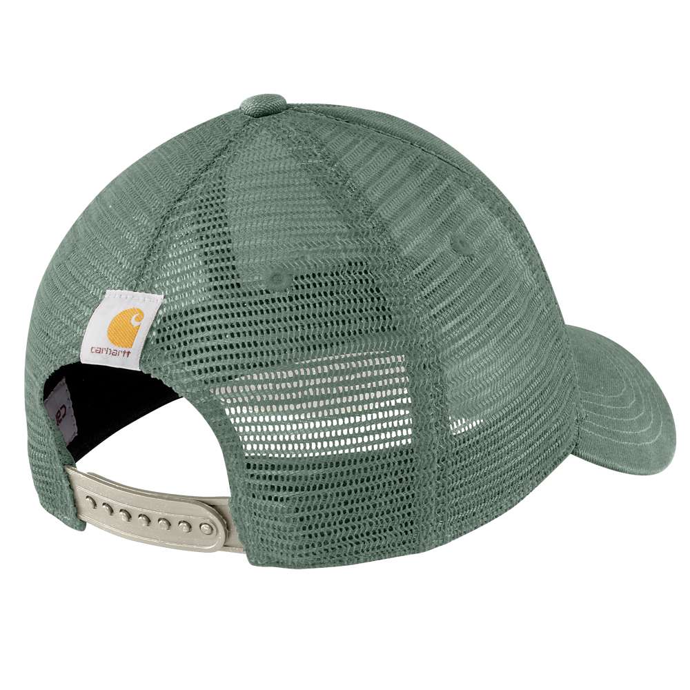 Carhartt canvas mesh back logo graphic cap, workwear style with adjustable strap and embroidered branding, in a casual headwear design.