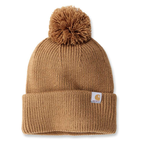 Carhartt women's knit beanie with pom-pom and cuff, in brown, designed for warmth and casual style.