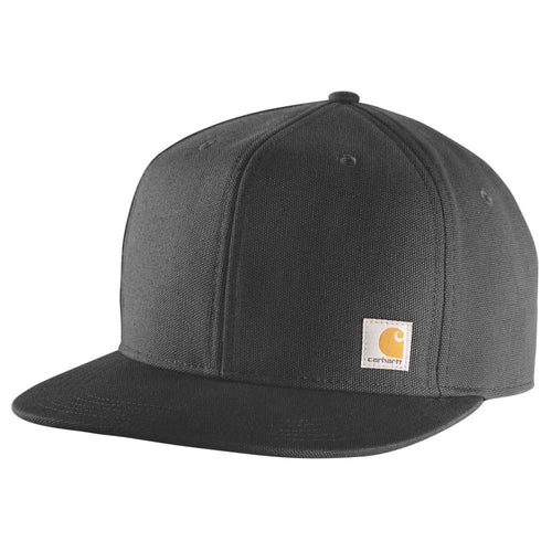 Carhartt 106665 firm duck flat brim cap, durable workwear headwear in classic style, with a structured flat brim and adjustable fit.