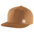 Carhartt 106665 Firm Duck flat brim cap, durable workwear headwear in dark navy with Carhartt logo and flat brim design.