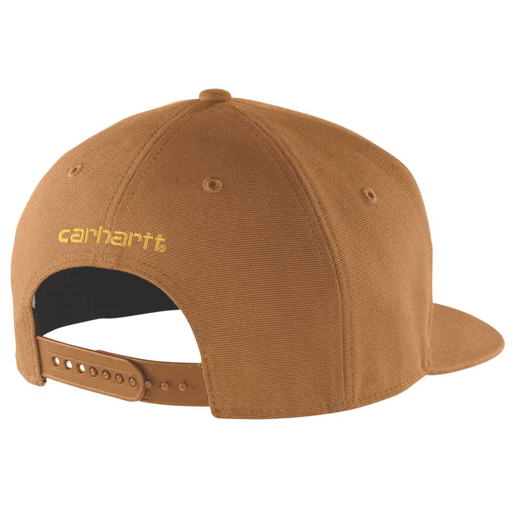 Carhartt Firm Duck flat brim cap in dark color, durable workwear headwear with structured crown and adjustable strap.