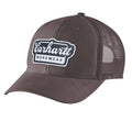 Carhartt Rugged Flex twill mesh-back script patch cap, durable headwear with adjustable strap and embroidered logo, black color.