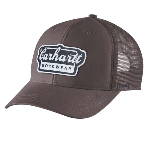 Carhartt Rugged Flex Twill mesh-back script patch cap, durable headwear with adjustable strap, in black with embroidered logo.