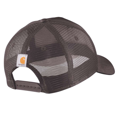 Carhartt Rugged Flex twill mesh-back script patch cap, durable workwear headwear with adjustable strap and embroidered logo.