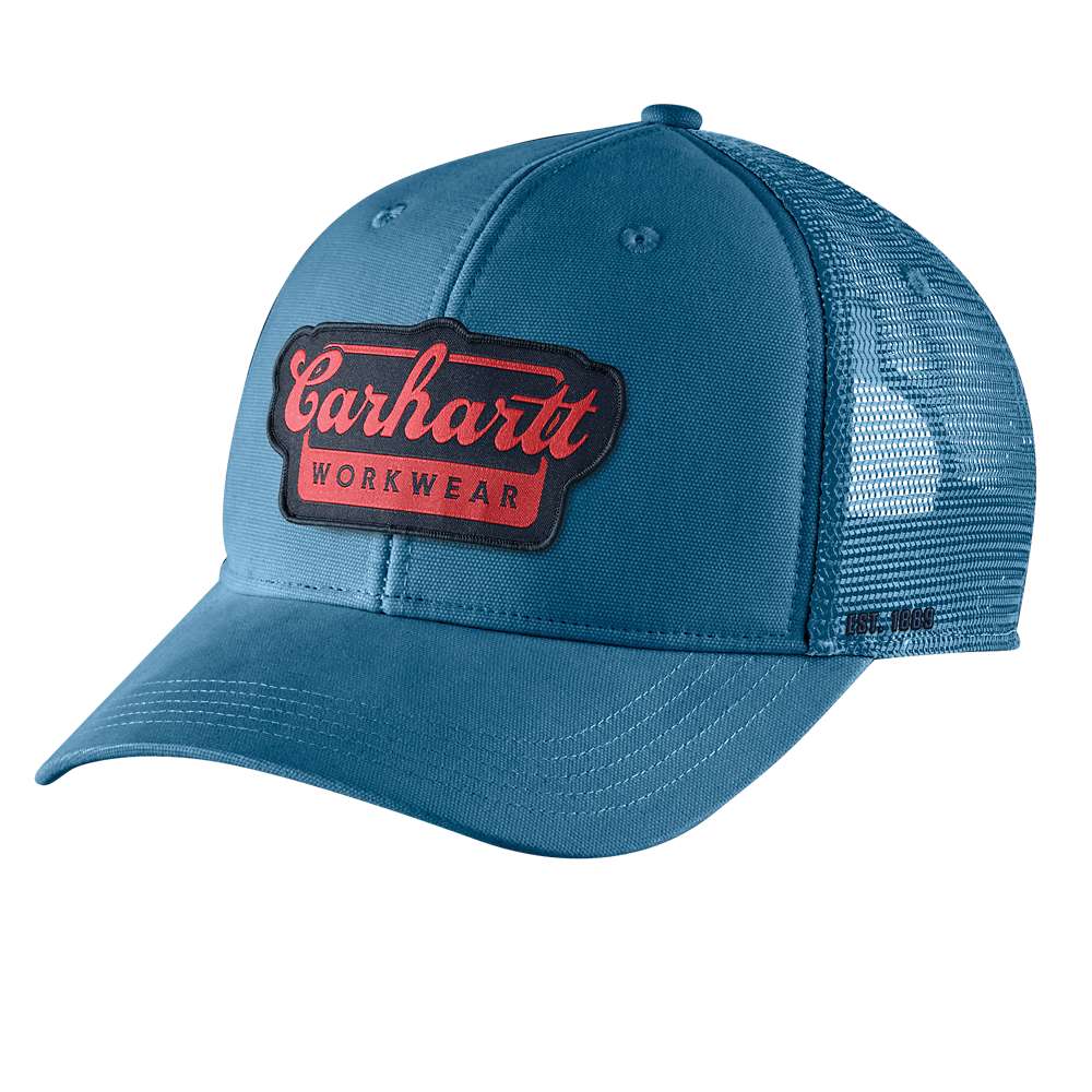 Carhartt Rugged Flex twill mesh-back script patch cap featuring a curved brim and adjustable strap, durable workwear headwear.