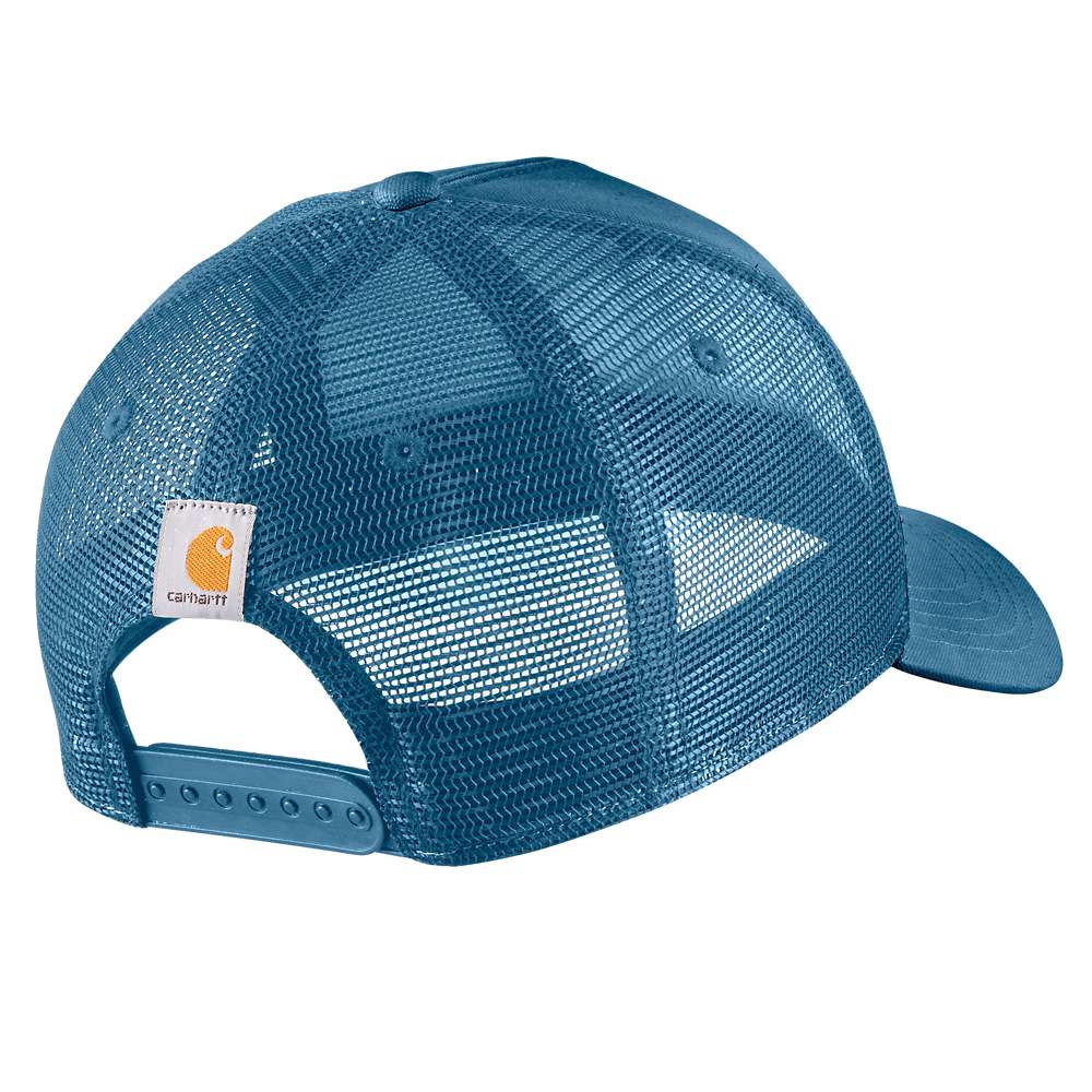 Carhartt Rugged Flex Twill mesh-back script patch cap, durable workwear headwear with adjustable strap and embroidered logo.