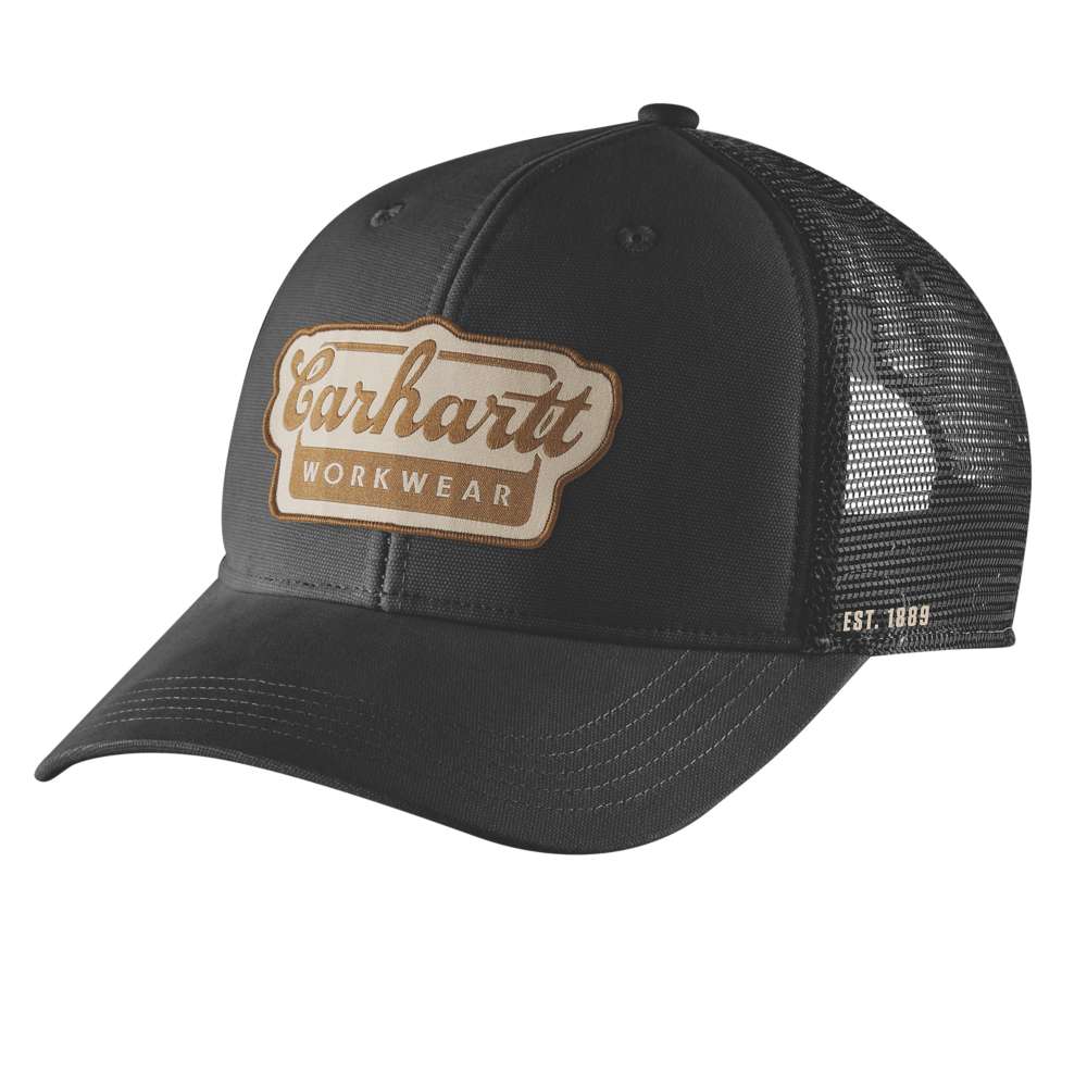 Carhartt Rugged Flex twill mesh-back script patch cap, durable workwear headwear with adjustable strap and embroidered logo.