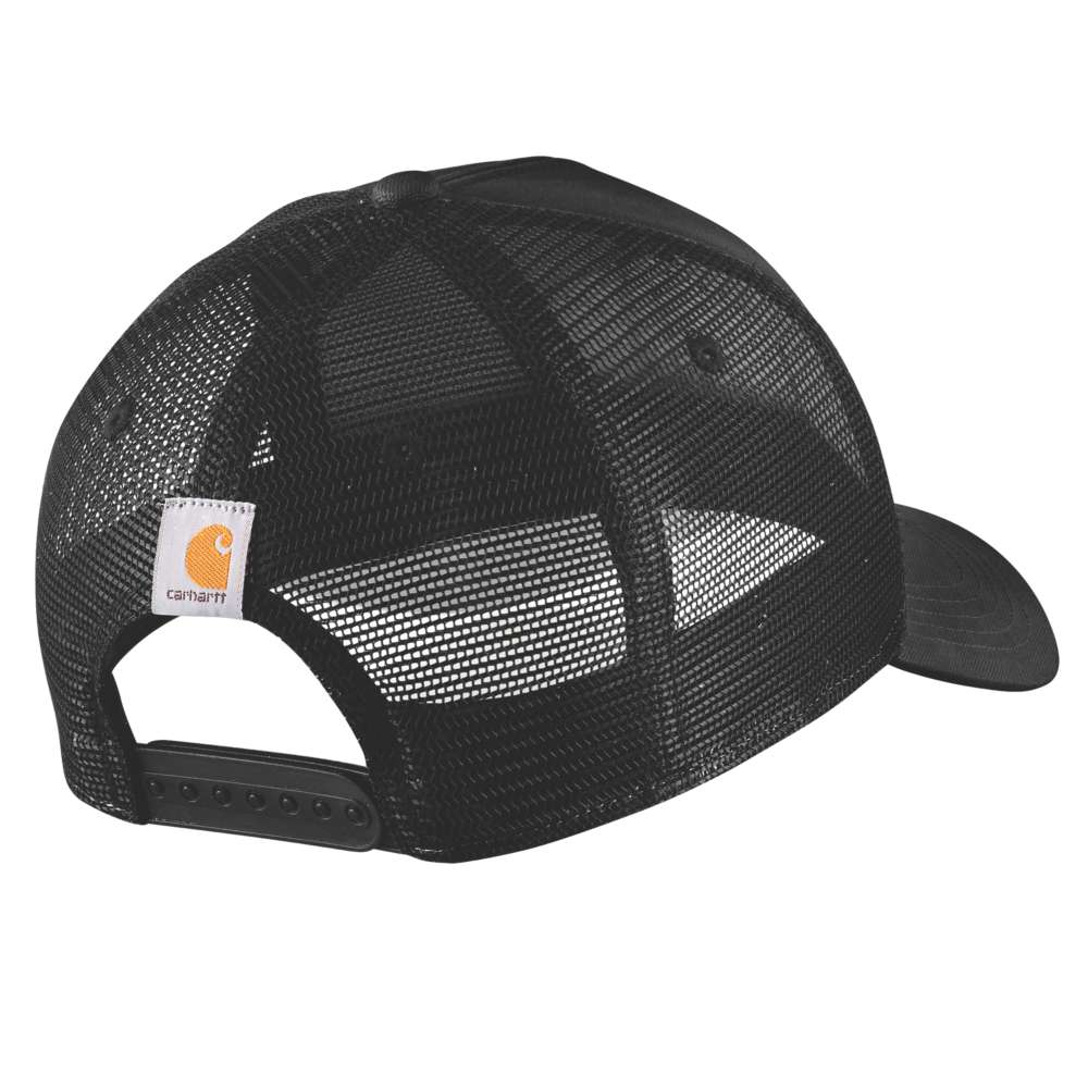 Carhartt Rugged Flex twill mesh-back script patch cap, durable workwear headwear with adjustable strap and branded logo.