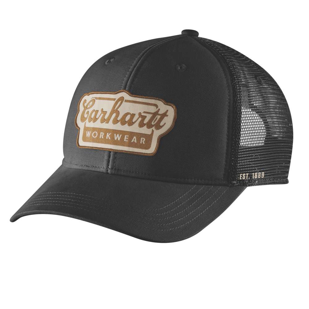 Carhartt Rugged Flex Twill mesh-back script patch cap, durable workwear headwear with adjustable strap and embroidered logo.
