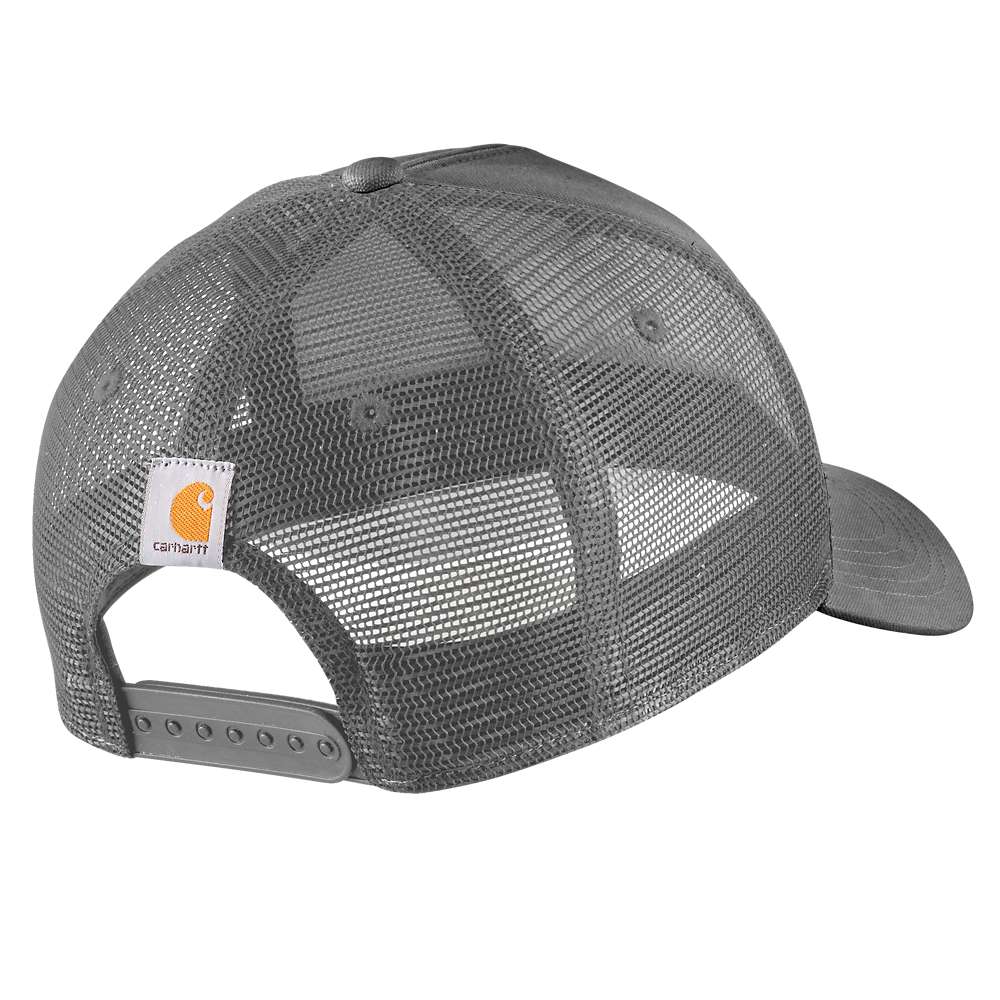 Carhartt Rugged Flex twill mesh-back script patch cap, durable workwear headwear with adjustable strap and embroidered logo.