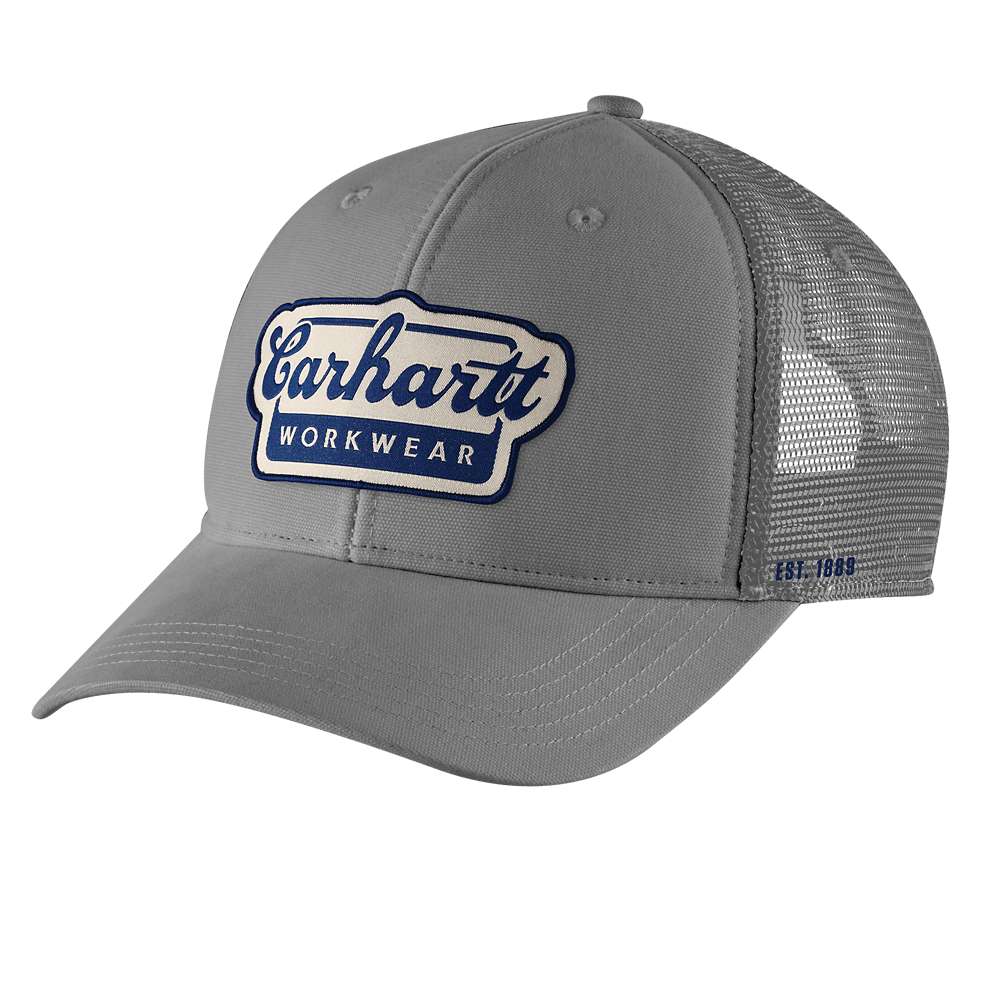 Carhartt Rugged Flex twill mesh-back script patch cap, durable headwear with adjustable strap and embroidered logo from Workwear Nation Ltd.