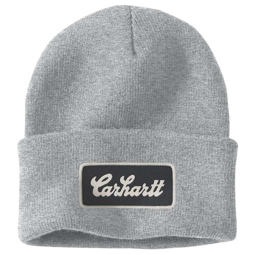 Carhartt knit cuffed beanie with script patch, in gray, styled as warm headwear for cold weather, by Workwear Nation Ltd.