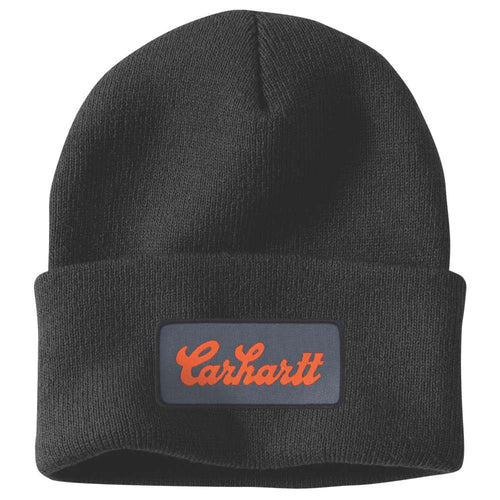 Carhartt knit cuffed beanie with script patch, stylish headwear from Workwear Nation Ltd, featuring a cozy knit design and branded patch.