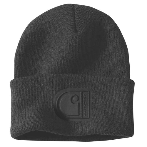 Carhartt Knit Cuffed C Patch Beanie in neutral colors, featuring a branded patch, worn as headwear for warmth and style.