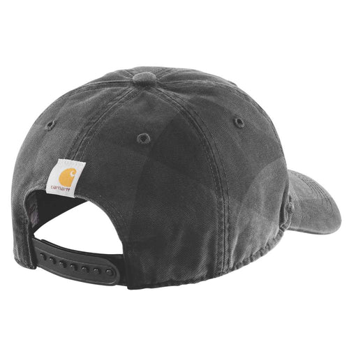 Carhartt flannel script cap, durable headwear with embroidered logo, featuring classic plaid pattern in navy and red tones.