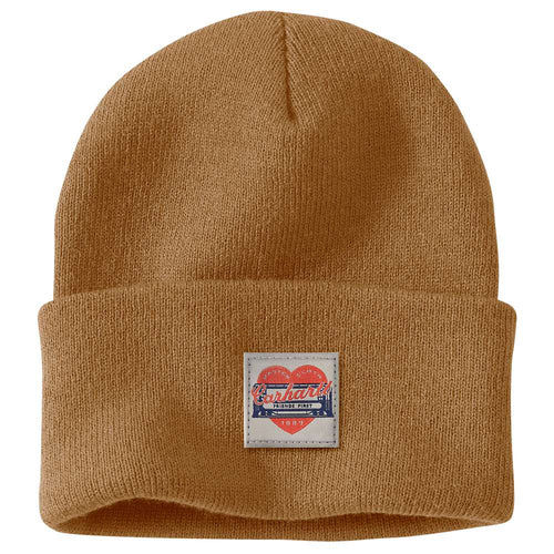 Carhartt 107409 Heart Patch Beanie, warm brown headwear with a heart-shaped patch, made by Workwear Nation Ltd.