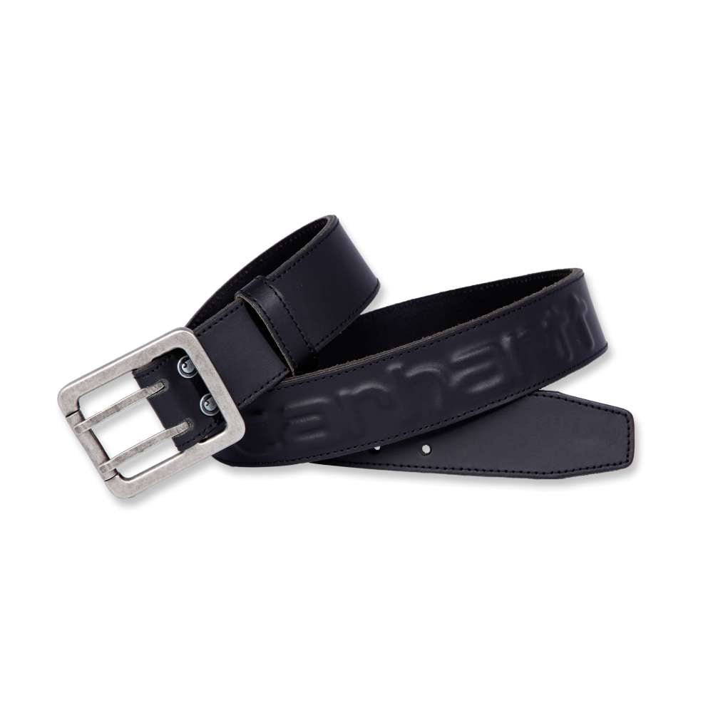 Black Carhartt leather belt with embossed logo, durable workwear style, featuring a classic buckle and sturdy construction.