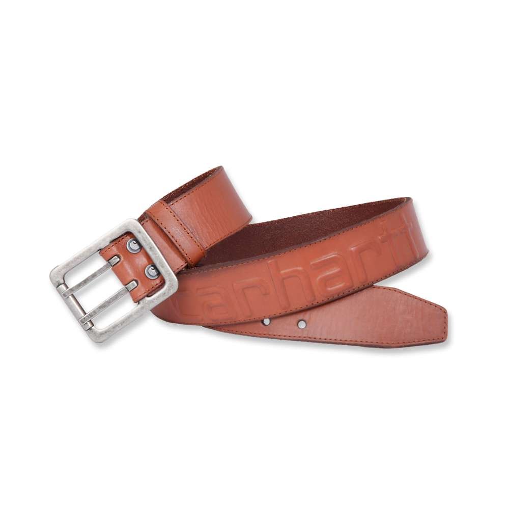 Carhartt logo leather belt in brown with sturdy leather strap and metal buckle, designed for durable workwear style.