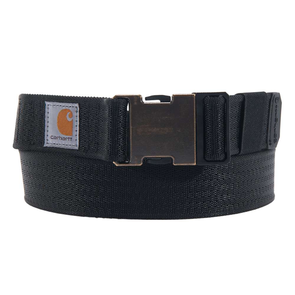 Carhartt Rugged Flex nylon webbing belt with durable design, featuring a metal buckle and black strap for workwear or casual wear.