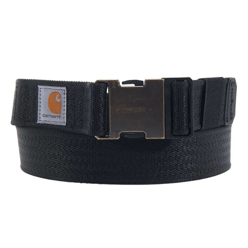 Carhartt Rugged Flex nylon webbing belt with durable design, featuring a metal buckle and black strap for workwear or casual wear.