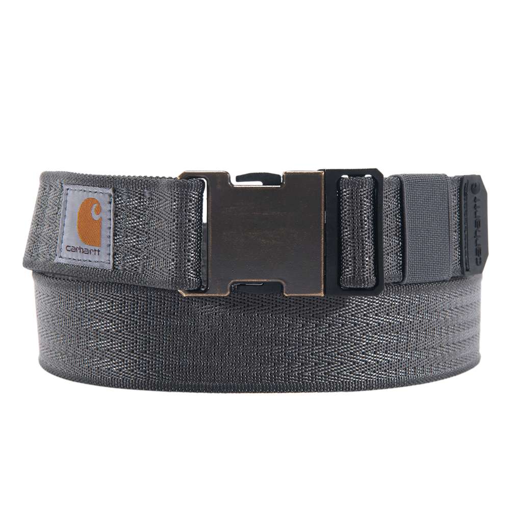 Carhartt Rugged Flex nylon webbing belt with durable strap and metal buckle, designed for workwear and outdoor use.