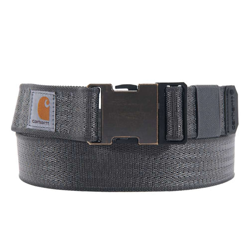Carhartt Rugged Flex nylon webbing belt with durable strap and metal buckle, designed for workwear and outdoor use.