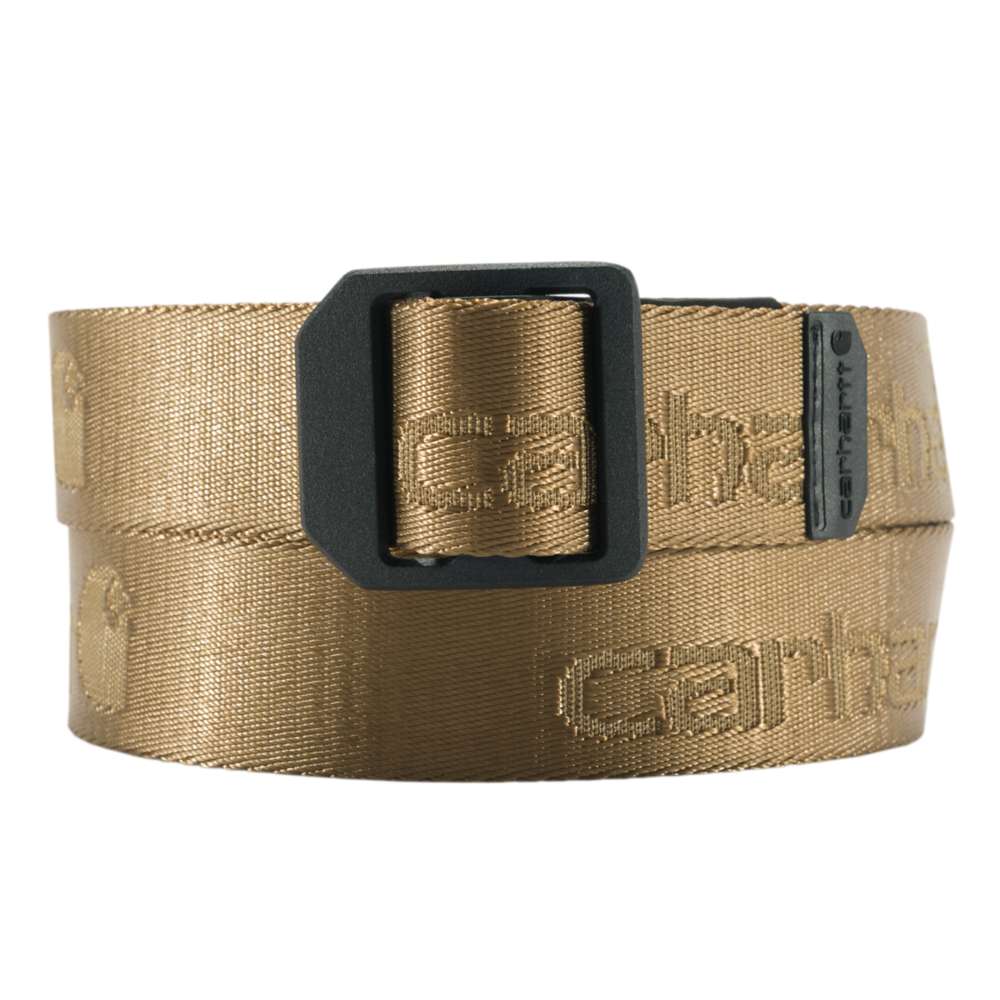 Carhartt nylon webbing ladder lock belt with metal buckle, durable workwear accessory, worn around the waist for secure fit.