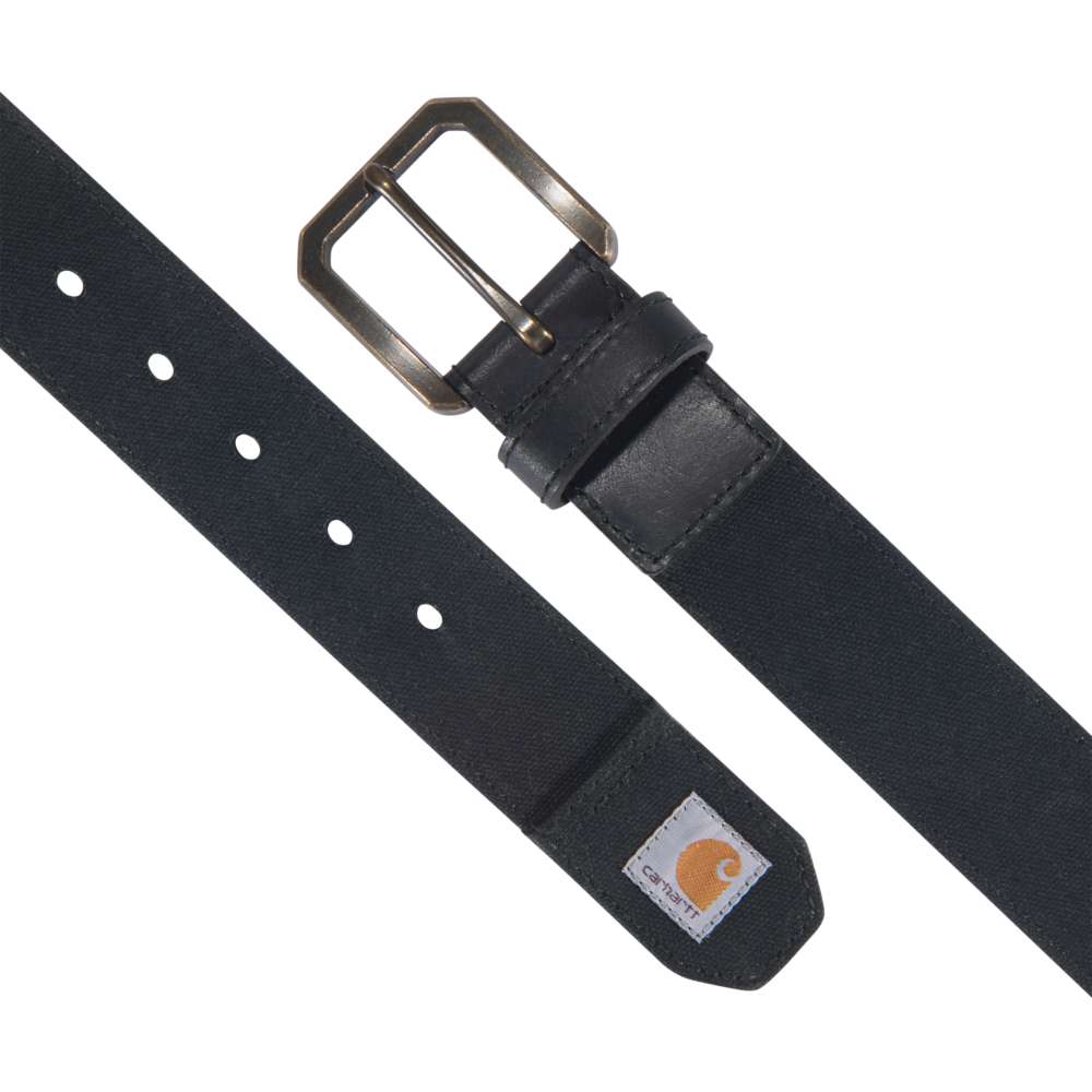 Carhartt canvas duck belt with leather trim, durable workwear accessory, shown in image with metal buckle and stitched detailing.