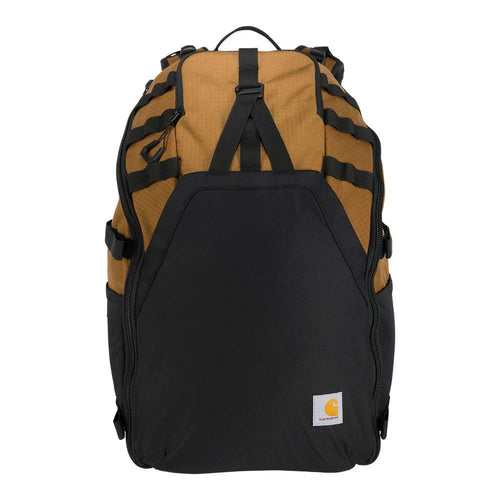 Carhartt 45L nylon frame hiking backpack with multiple tool carriers and sturdy construction, ideal for outdoor work and adventures.