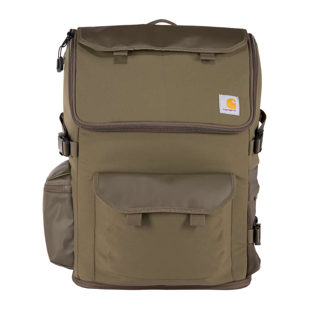 Carhartt 35L nylon Workday backpack with multiple compartments and padded straps, designed for durability and daily work use.