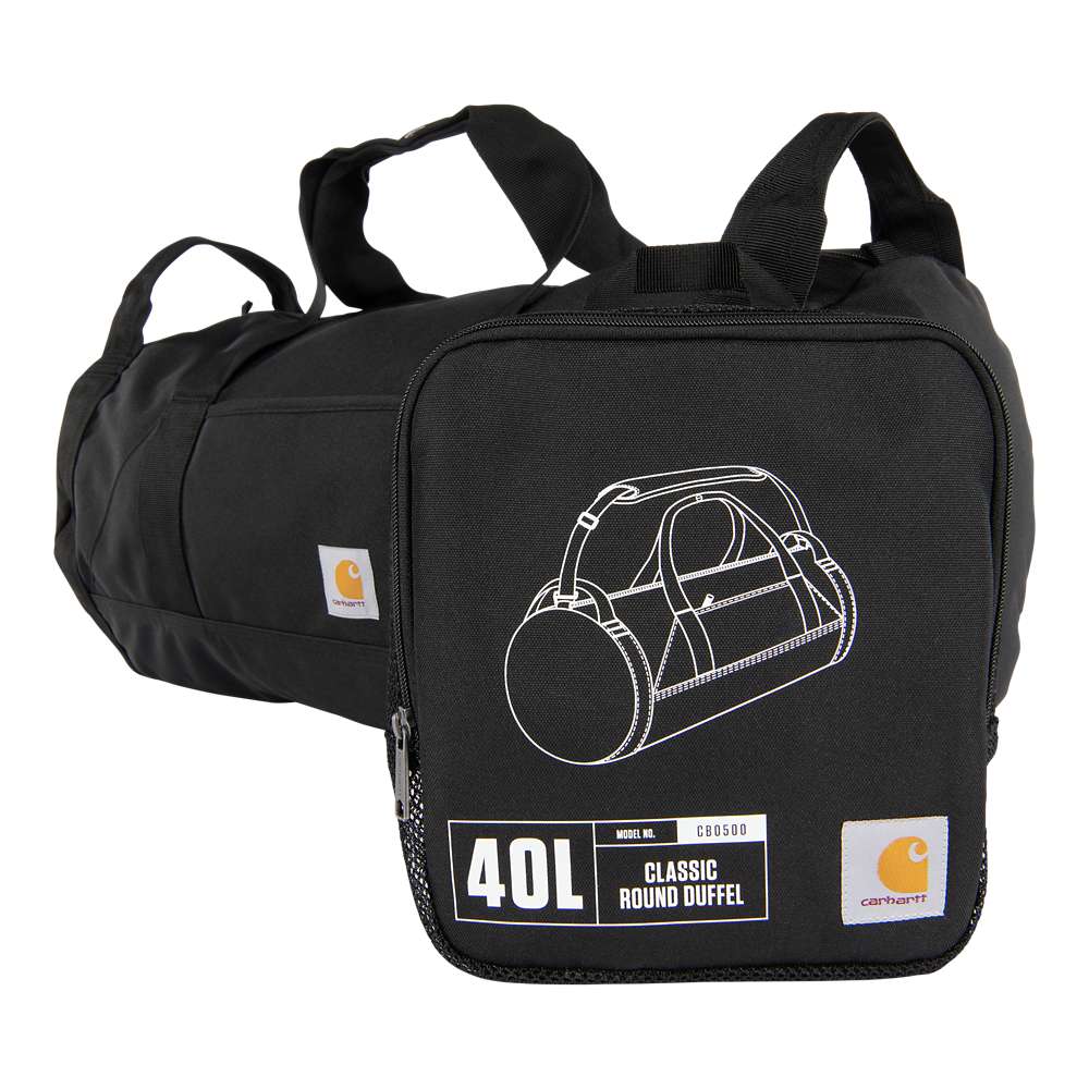 Carhartt 40L Classic Round Duffel Bag, durable workwear tool carrier with sturdy handles and spacious interior for tools and gear.