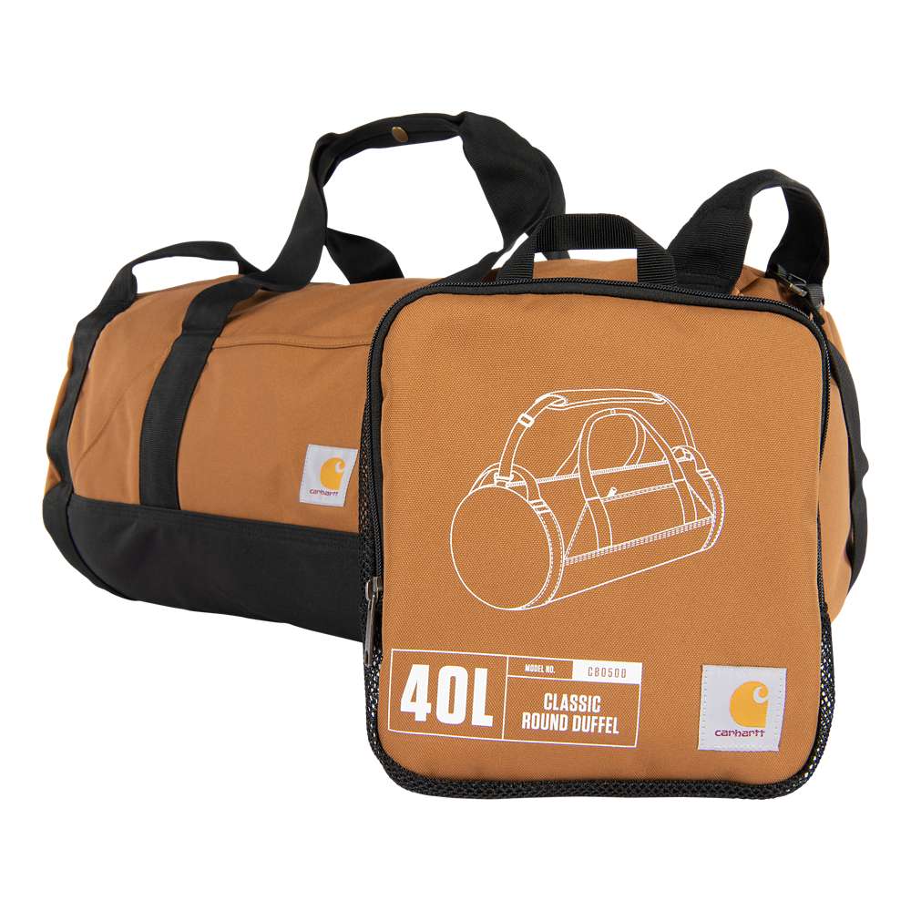 Carhartt 40L Classic Round Duffel Bag, Workwear Nation Ltd tool carrier in durable fabric with leather accents and sturdy handles.