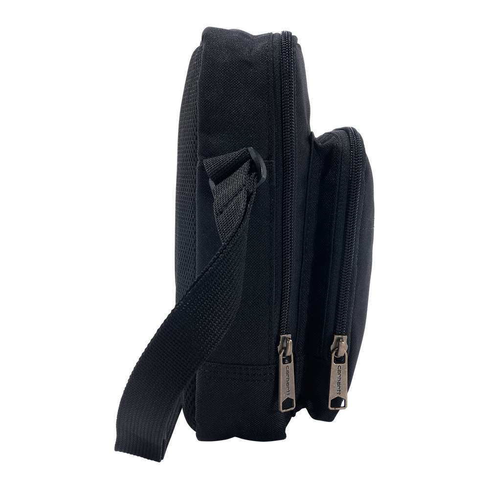 Carhartt B0000511 Crossbody Zip Bag tool carrier from Workwear Nation Ltd, shown in black with zippered compartments and adjustable strap.