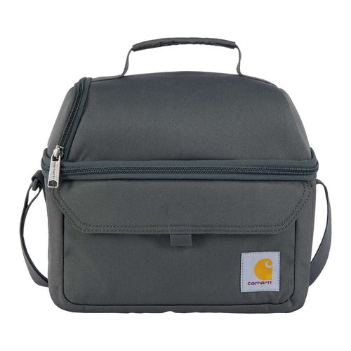 Carhartt 12-can two-compartment lunch cooler with insulated compartments and durable fabric, ideal for worksite use.