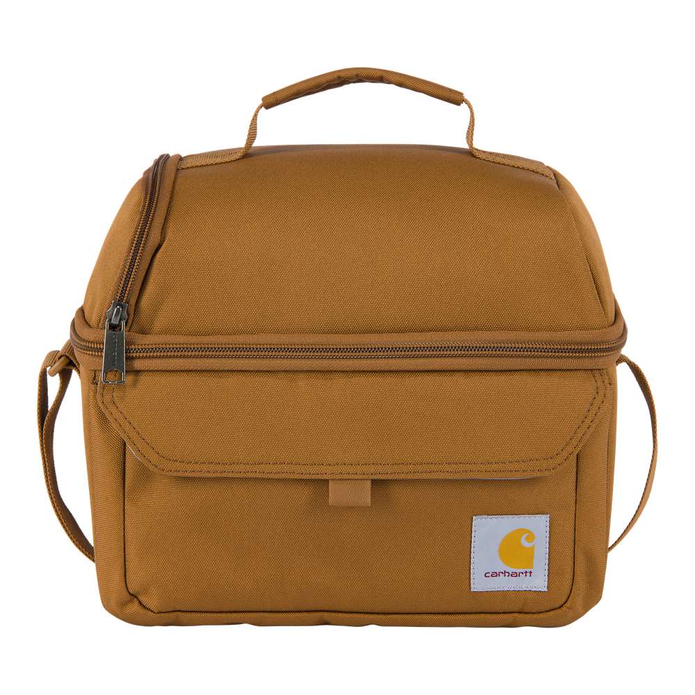 Carhartt 12-can two-compartment lunch cooler with sturdy tool carrier design, featuring durable fabric and insulated compartments.