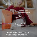 Hiro Essential Woman + Collagen Superblend powder in a jar, featuring a label with natural ingredients and supplement details.