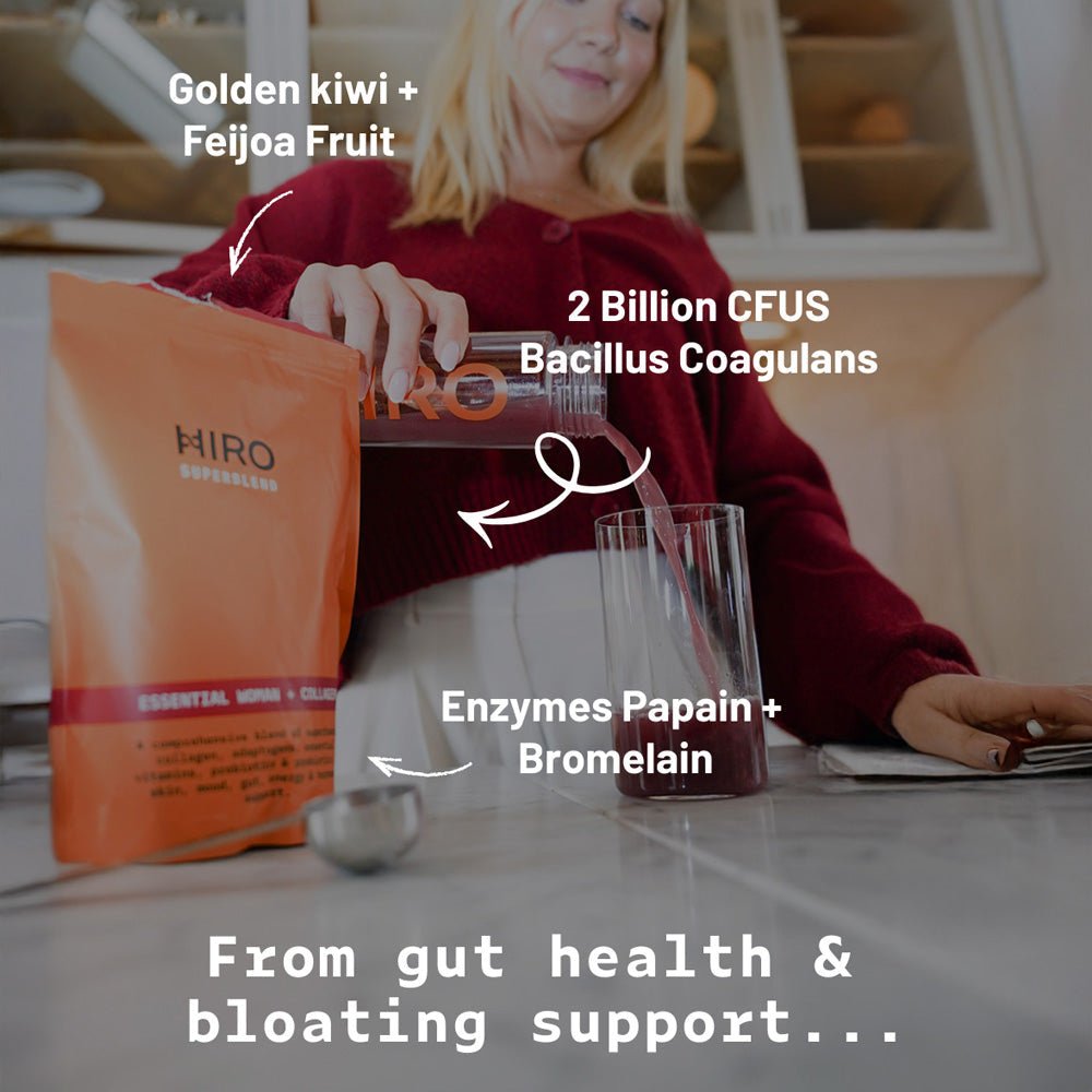 Hiro Essential Woman + Collagen Superblend powder in a jar, featuring a label with natural ingredients and supplement details.