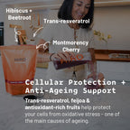 Essential Woman + Collagen superblend by HIRO, featuring a vibrant mix of powdered supplements in a clear container.
