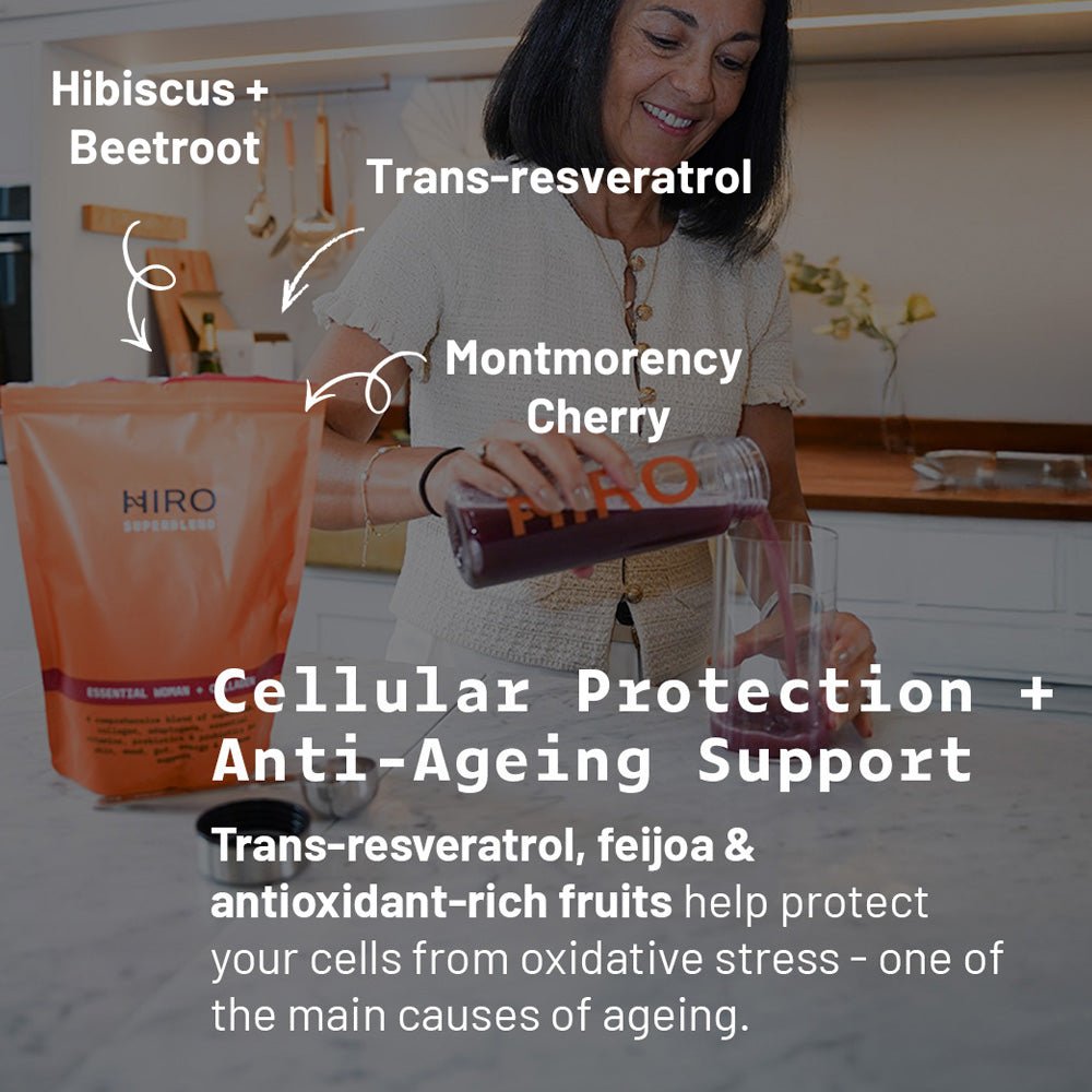Essential Woman + Collagen superblend by HIRO, featuring a vibrant mix of powdered supplements in a clear container.
