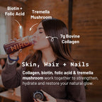 Essential Woman + Collagen superblend by HIRO, featuring skin, hair, and nails health, with a colorful blend of ingredients in a jar.