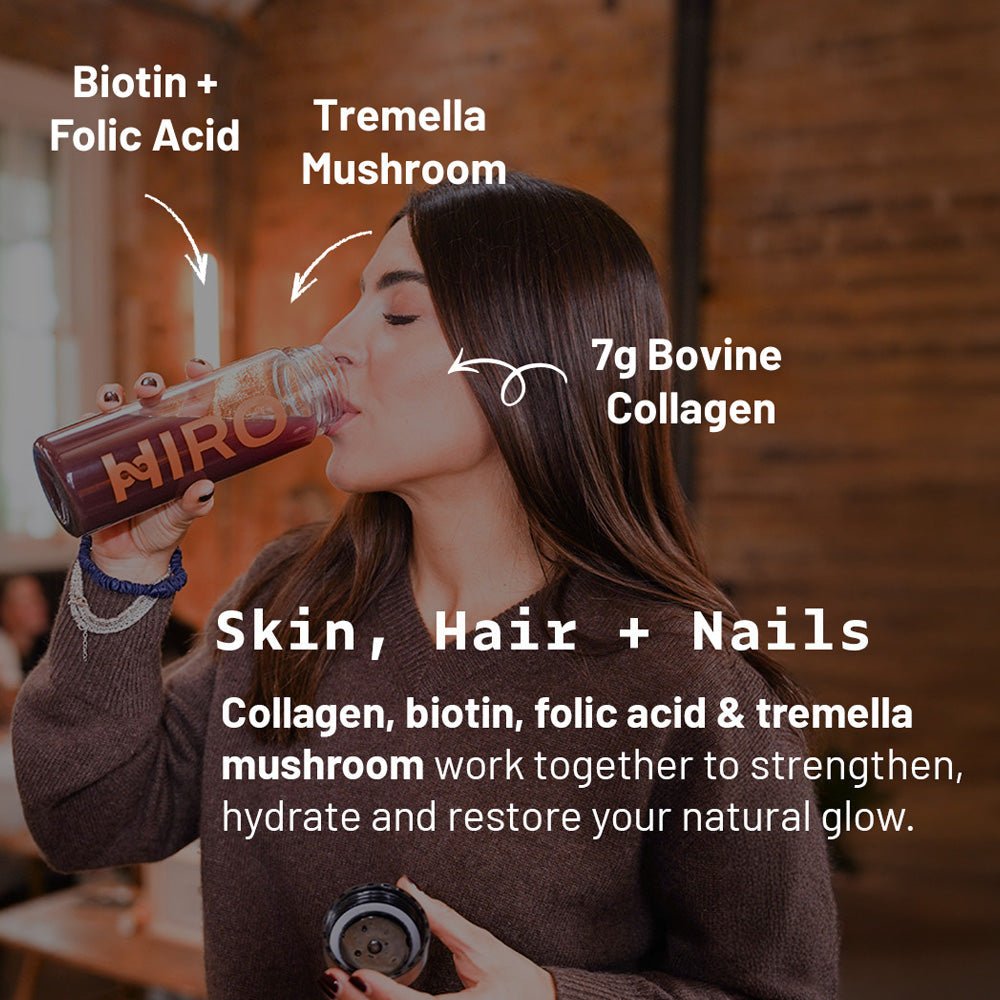 Essential Woman + Collagen superblend by HIRO, featuring skin, hair, and nails health, with a colorful blend of ingredients in a jar.
