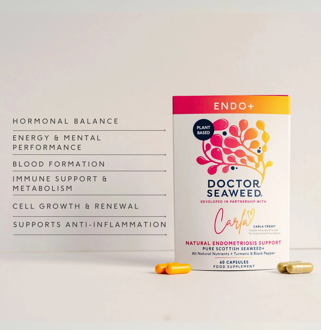 Illustration of Doctor Seaweed's Endo+ supplement highlighting its benefits and ingredients in an informative infographic style.