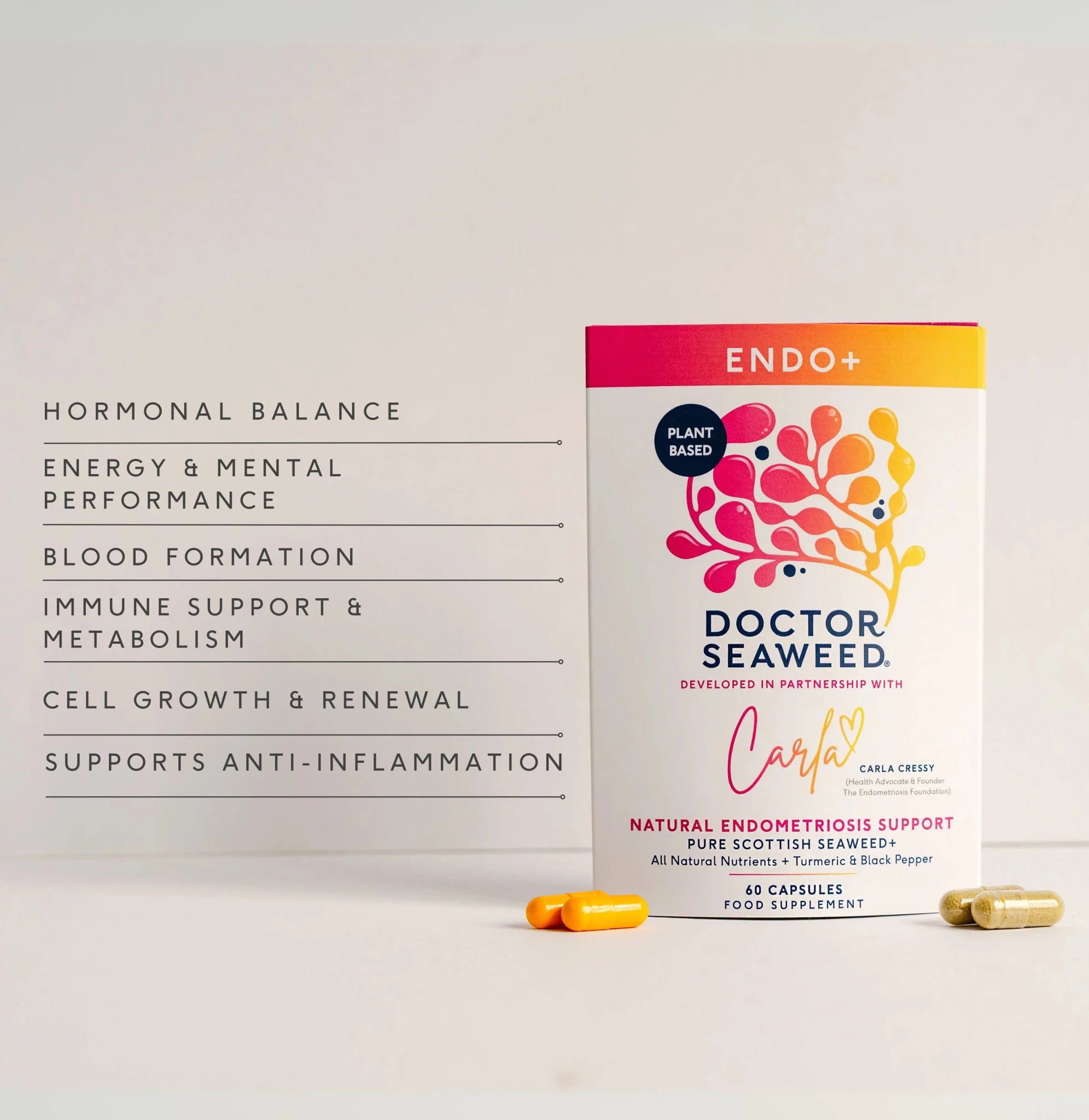 Illustration of Doctor Seaweed's Endo+ supplement highlighting its benefits and ingredients in an informative infographic style.