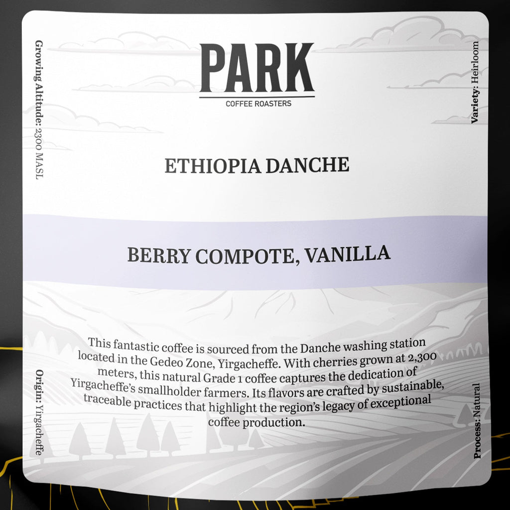 Close-up of Ethiopia Danche Natural roasted coffee beans by Park Coffee, showcasing rich brown coffee beans with a smooth surface.