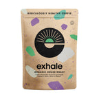 Organic house roast coffee by Exhale Healthy Coffee in a bag with a white background, showing the coffee beans and packaging.