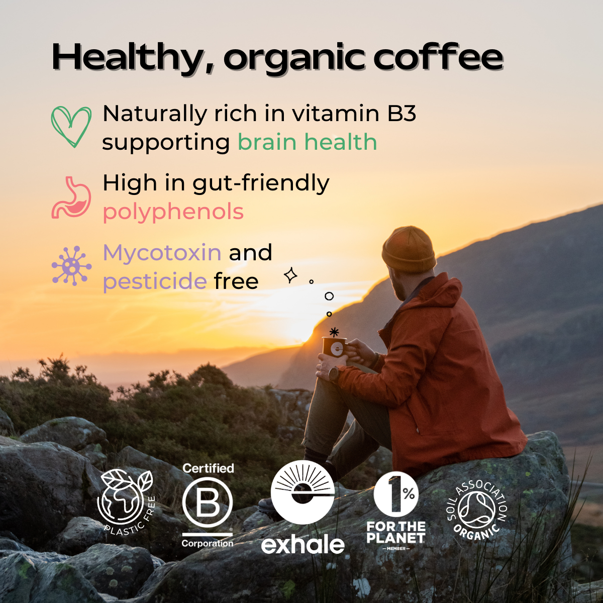 Organic decaf coffee by Exhale Healthy Coffee in a bag, showing a steaming cup and coffee beans on a rustic wooden surface.