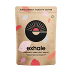 Organic dark roast coffee by Exhale Healthy Coffee, showing a bag of rich, roasted coffee beans on a white background.